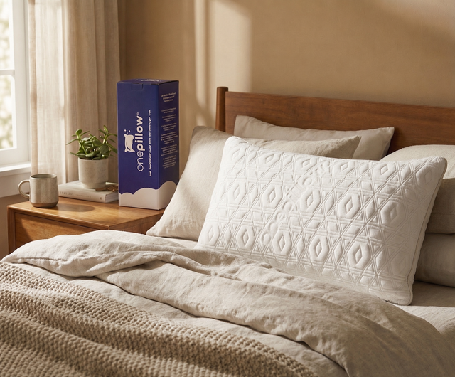 White OnePillow Pillow with Purple Label on a Light Bed